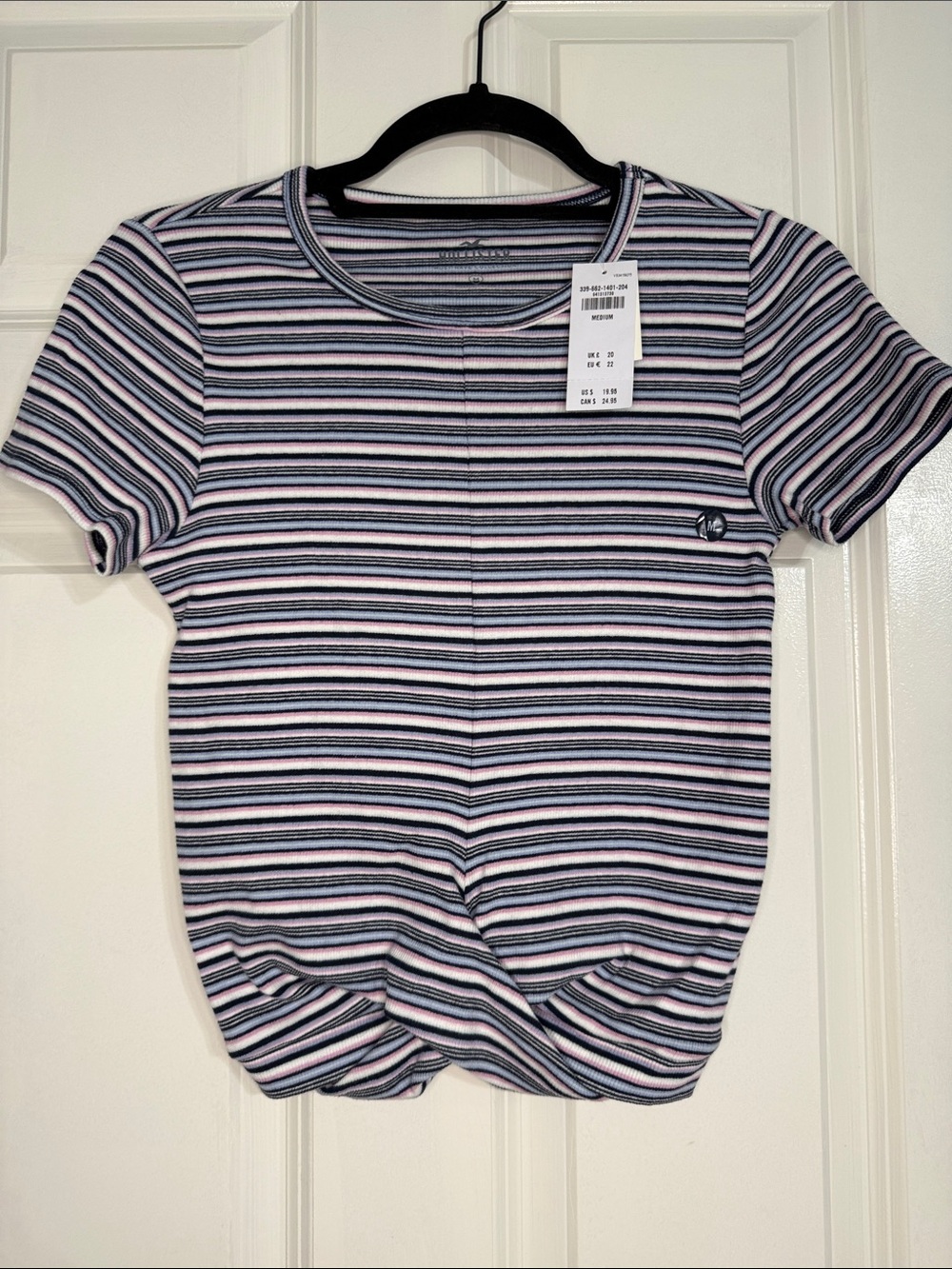 Hollister Striped Short Sleeve Twist-Hem Tee - Blue, Pink, White